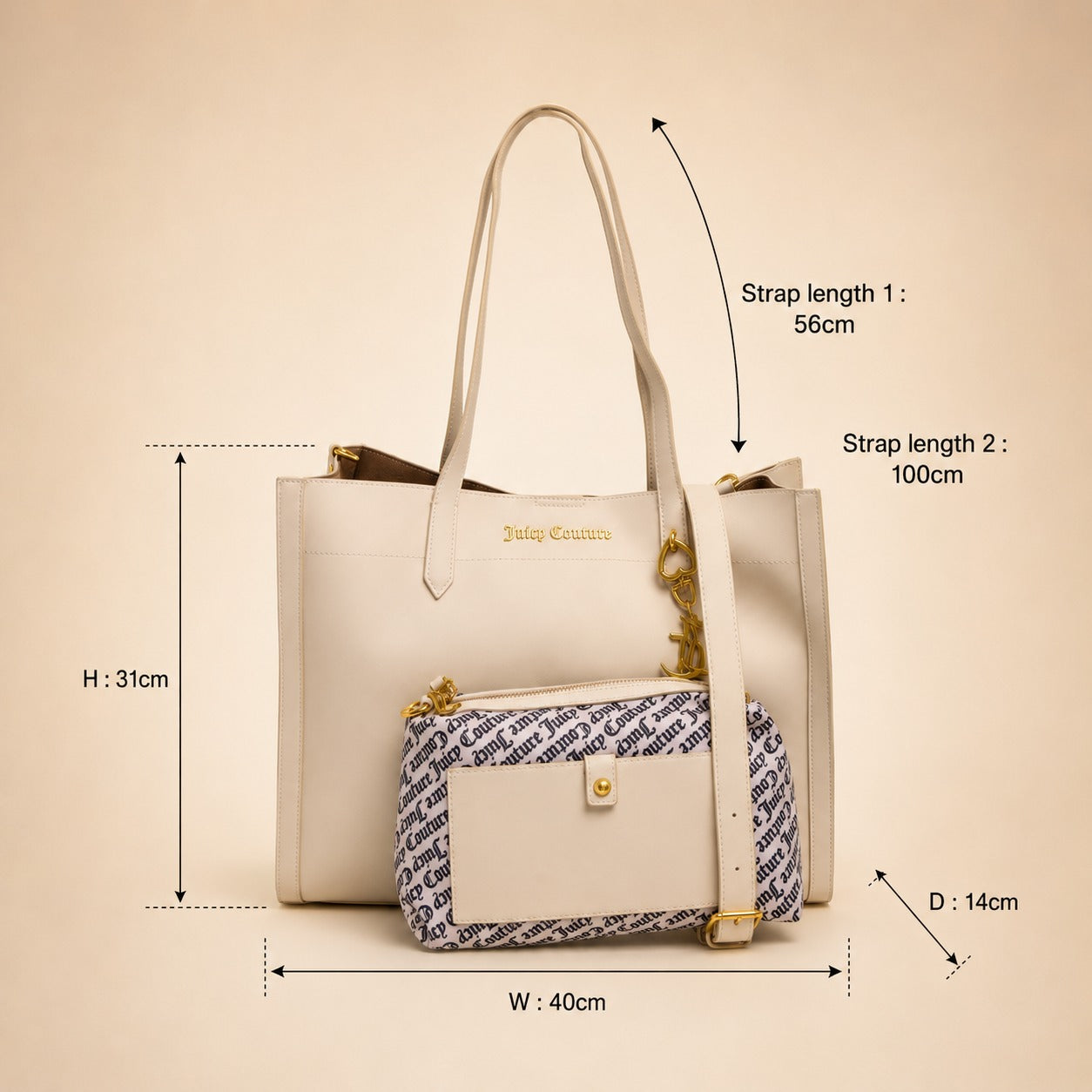 Juicy Couture Cream Lily Shopper Bag, Monogram Pouch, Tote, Gift for Her