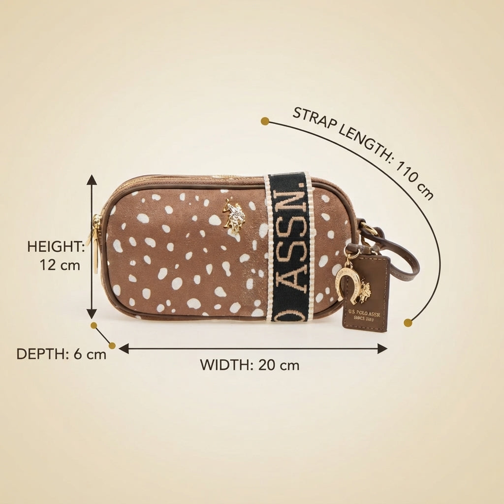 US Polo Assn Brown Polka Dot Crossbody, Suede Look, Gold Hardware, Everyday