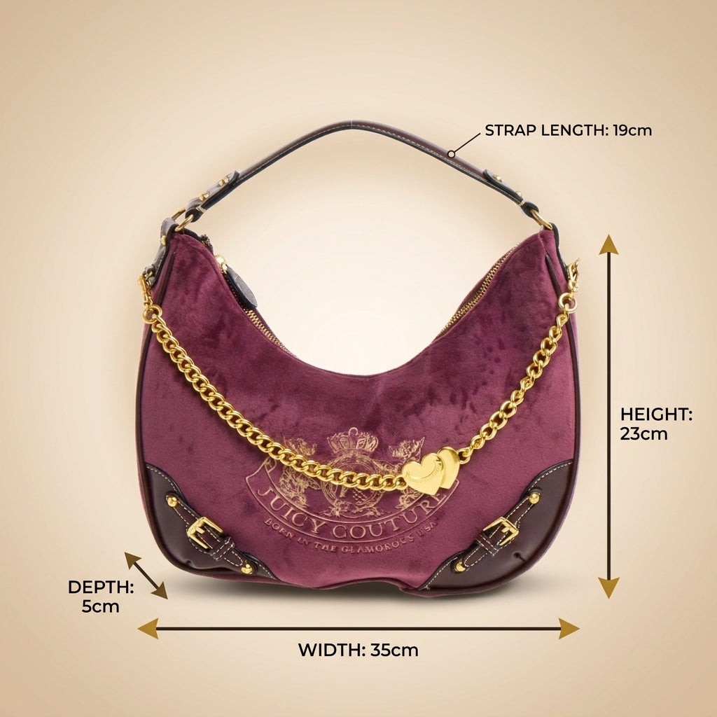 Juicy Couture Burgundy Hobo Bag, Velour Shoulder Bag, Gold Chain