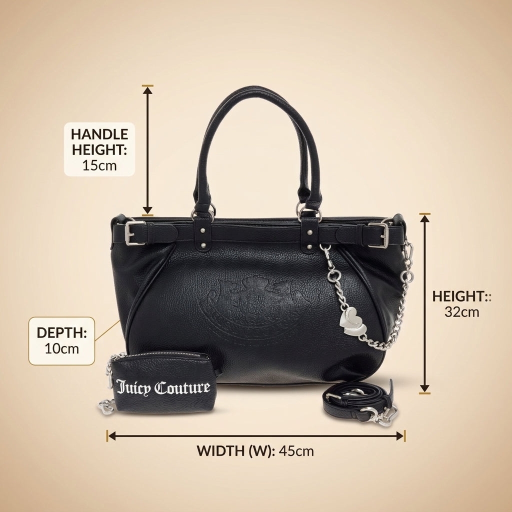 Juicy Couture Black Tote Bag, Satchel, Pebbled Texture, Silver Hardware