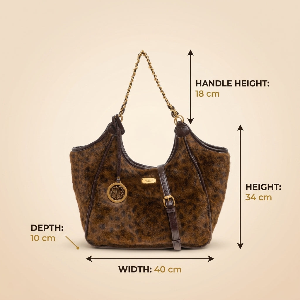 Bessie London Brown Leopard Hobo Bag, Faux Fur Tote, Gold Chain, Everyday Purse