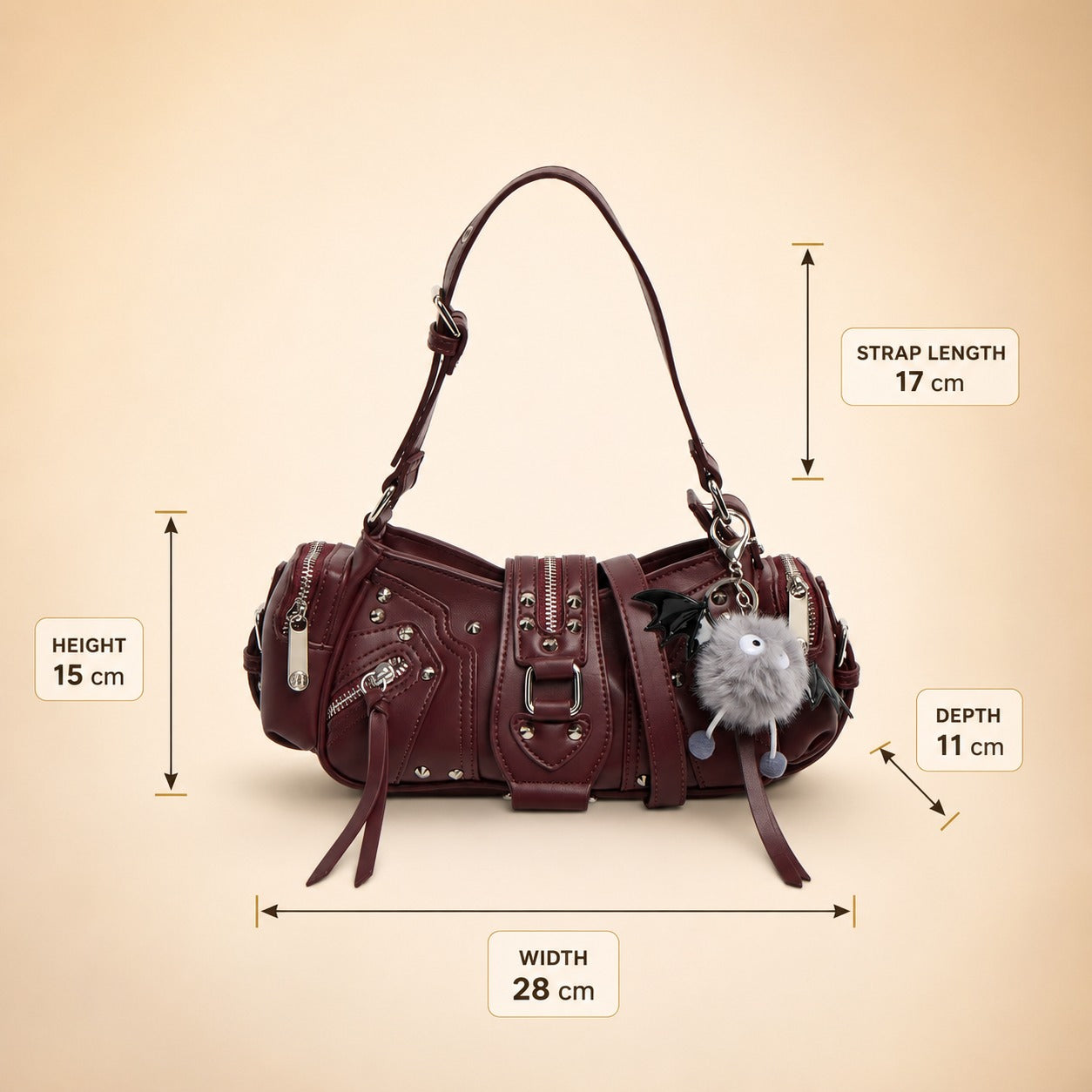 Bessie London Burgundy Shoulder Bag, Gothic Grunge, Bat Charm, Gift For Her