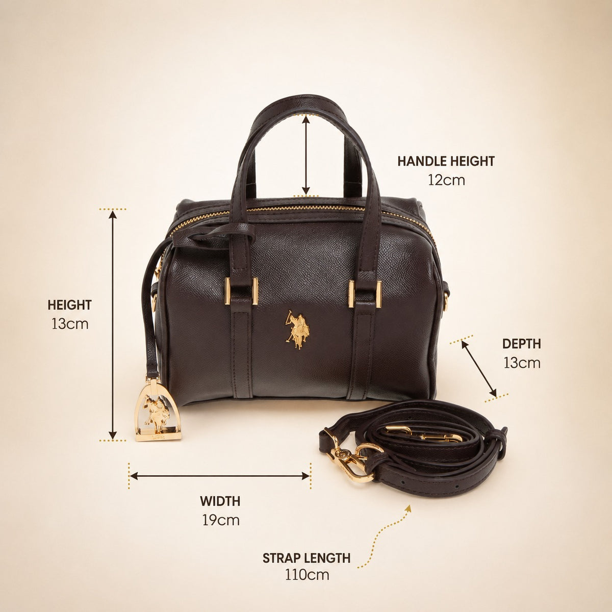 US Polo Assn Brown Jones Bowling Bag, Dark Equestrian Handbag, Gold Hardware
