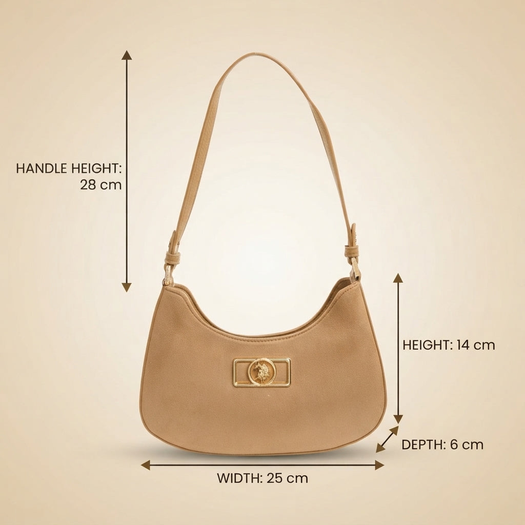 US Polo Assn Tan Brown Shoulder Bag, Faux Suede Hobo, Gold Hardware