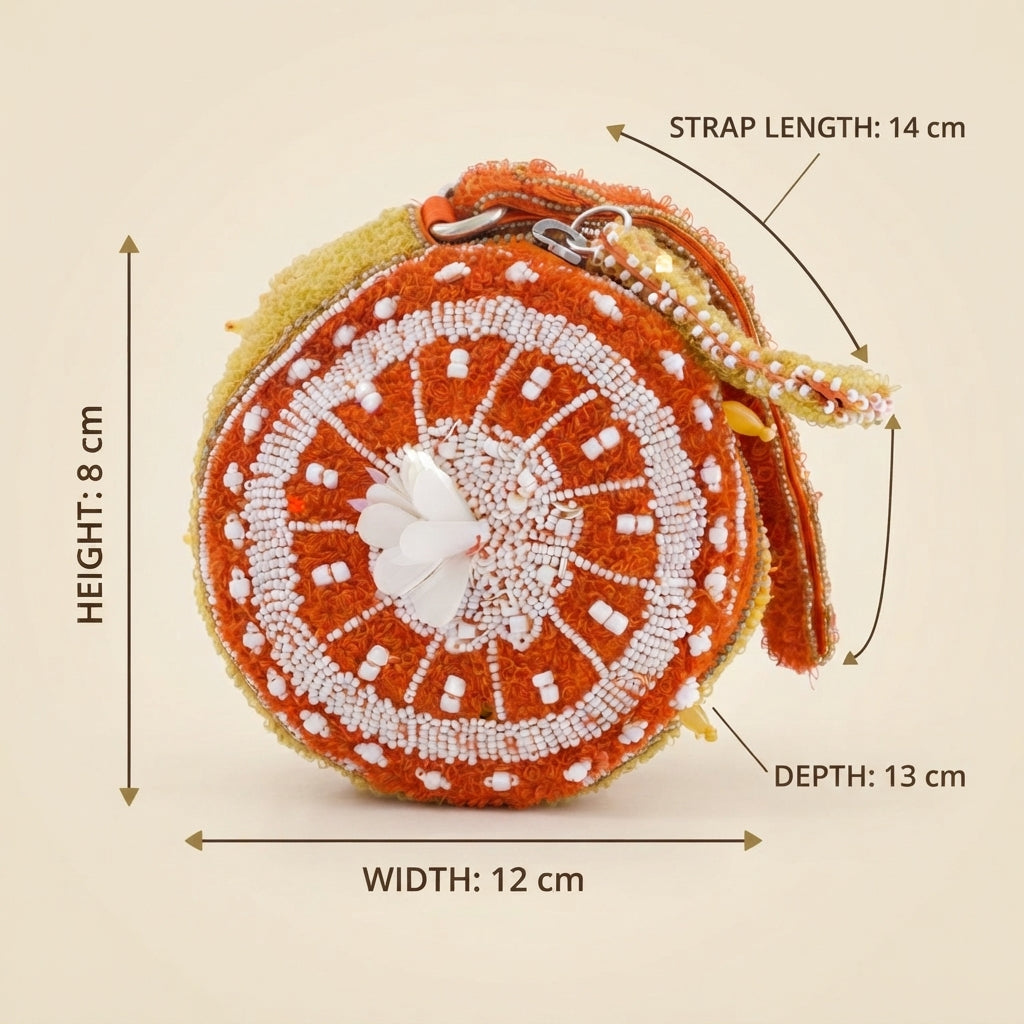 Mirasol Orange Beaded Bag, Fruit Design Wristlet, Novelty Summer Handbag