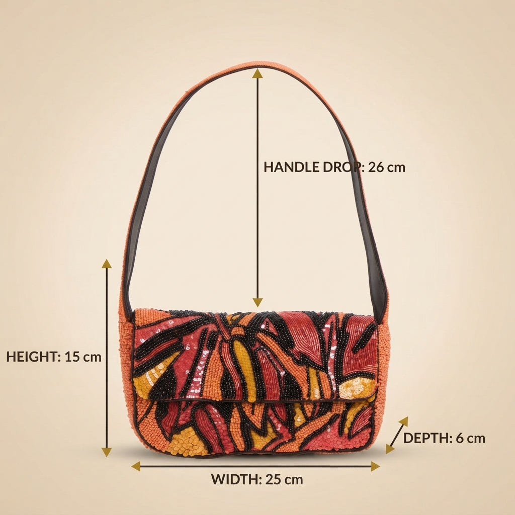 Mirasol Orange Beaded Shoulder Bag, Tropical Sunset Baguette, Evening Purse
