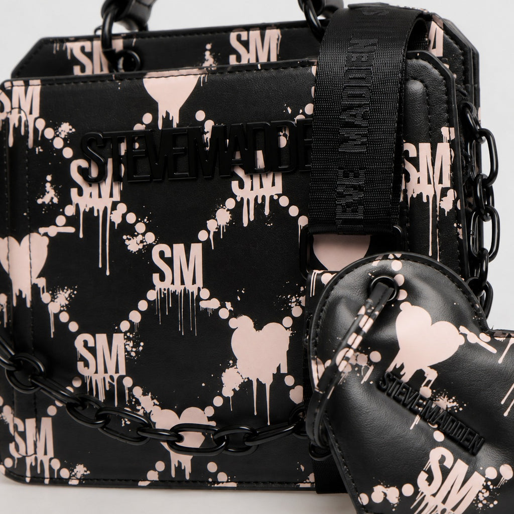 Steve Madden Black Crossbody Bag, Dripping Hearts, Top Handle, Chain Strap
