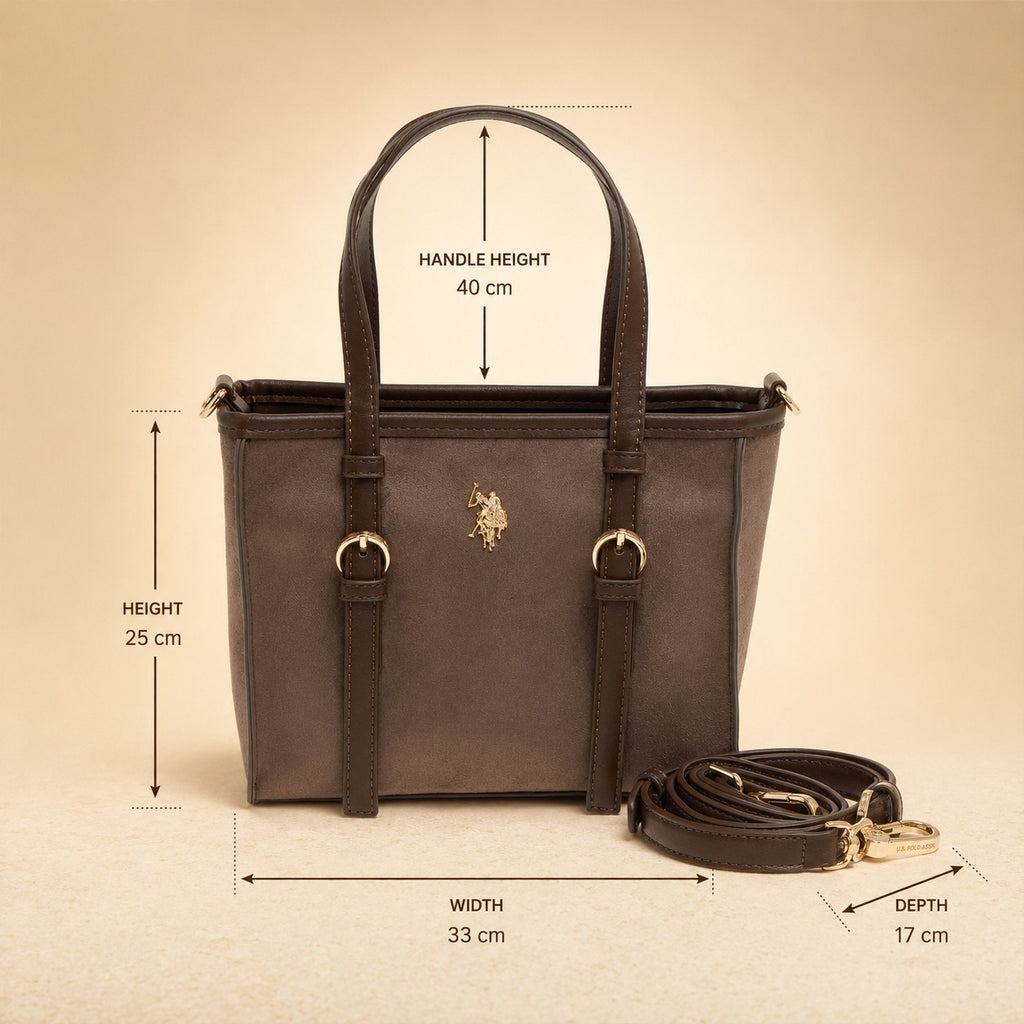 US Polo Assn Brown Tote Bag, Suede Finish, Gold Hardware, Preppy Equestrian