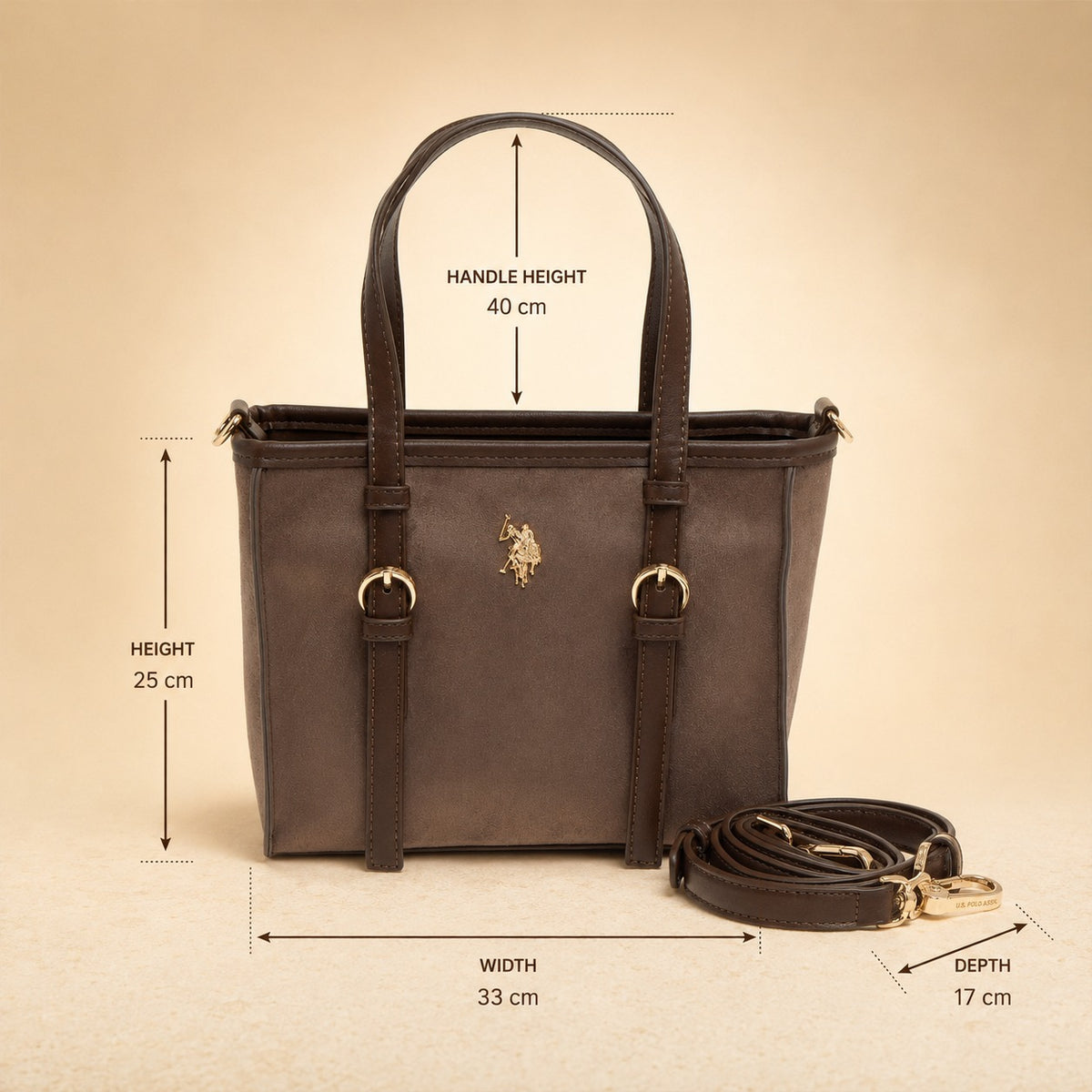 US Polo Assn Brown Tote Bag, Suede Finish, Gold Hardware, Preppy Equestrian