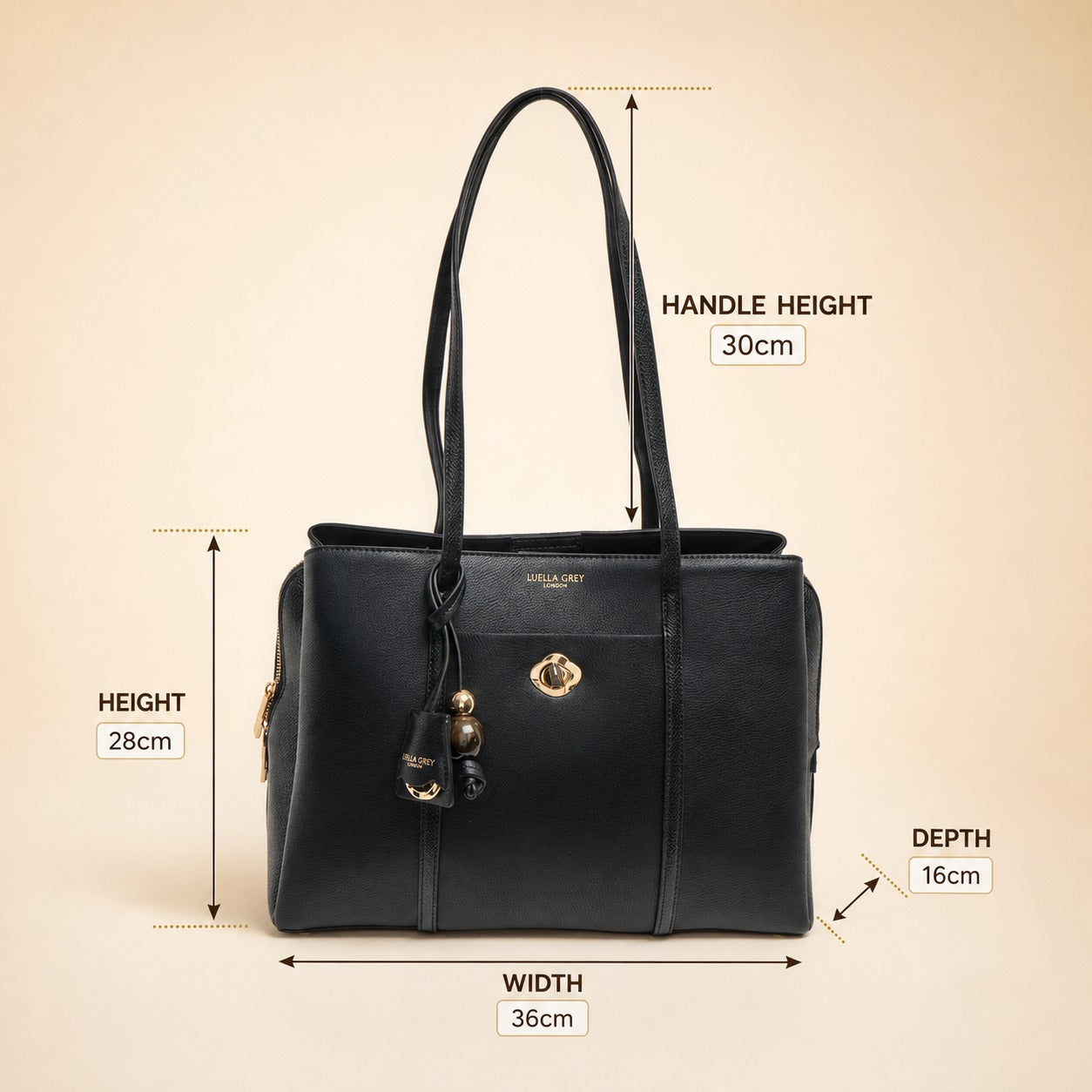 Luella Grey Black Tote Bag, Pebbled Grain, Gold Hardware
