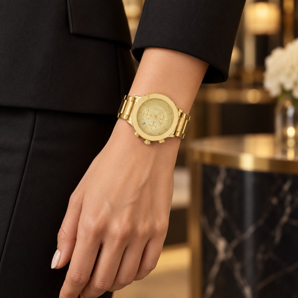 Michael Kors Gold Chronograph Watch, Luxury Womens Gift, Polished Link Bracelet