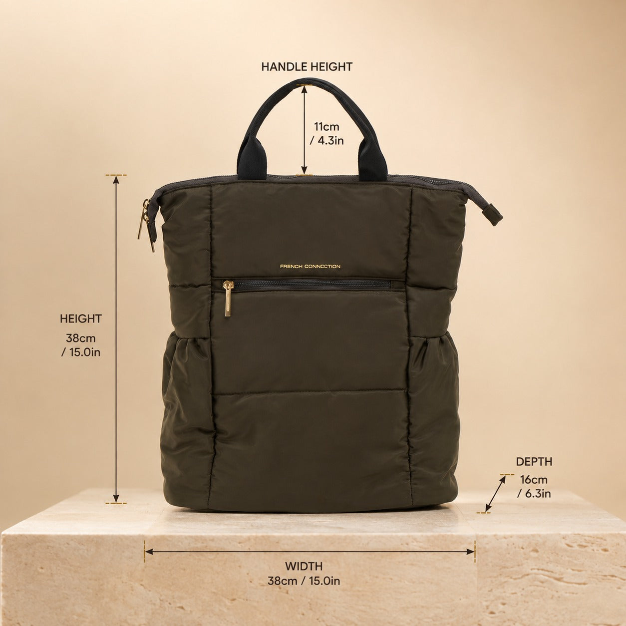 French Connection Olive Quilted Backpack, Padded Nylon Day Bag, Travel Rucksack