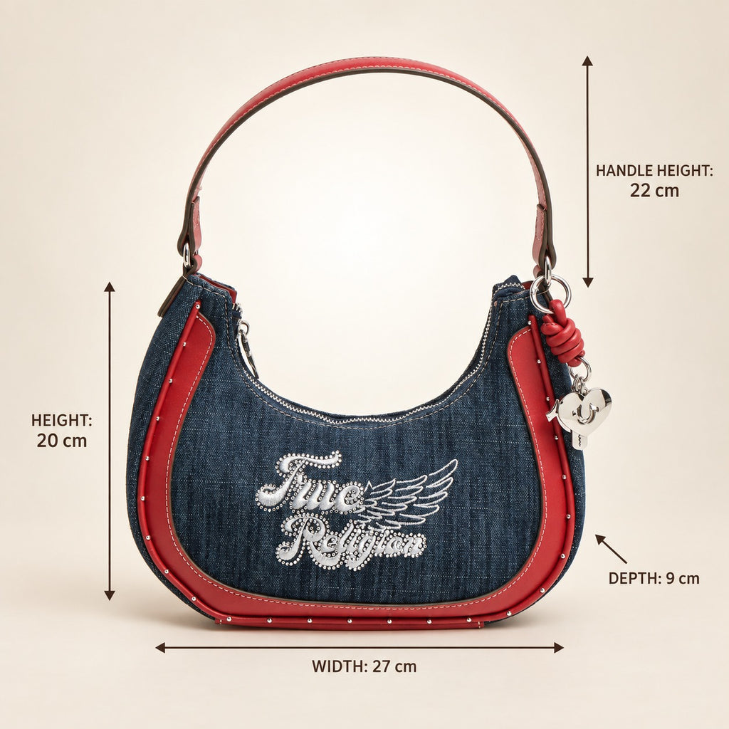 True Religion Blue Denim Hobo Bag, Red Leather Trim, Rhinestone Wing Charm