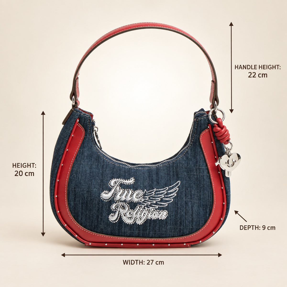 True Religion Blue Denim Hobo Bag, Red Leather Trim, Rhinestone Wing Charm