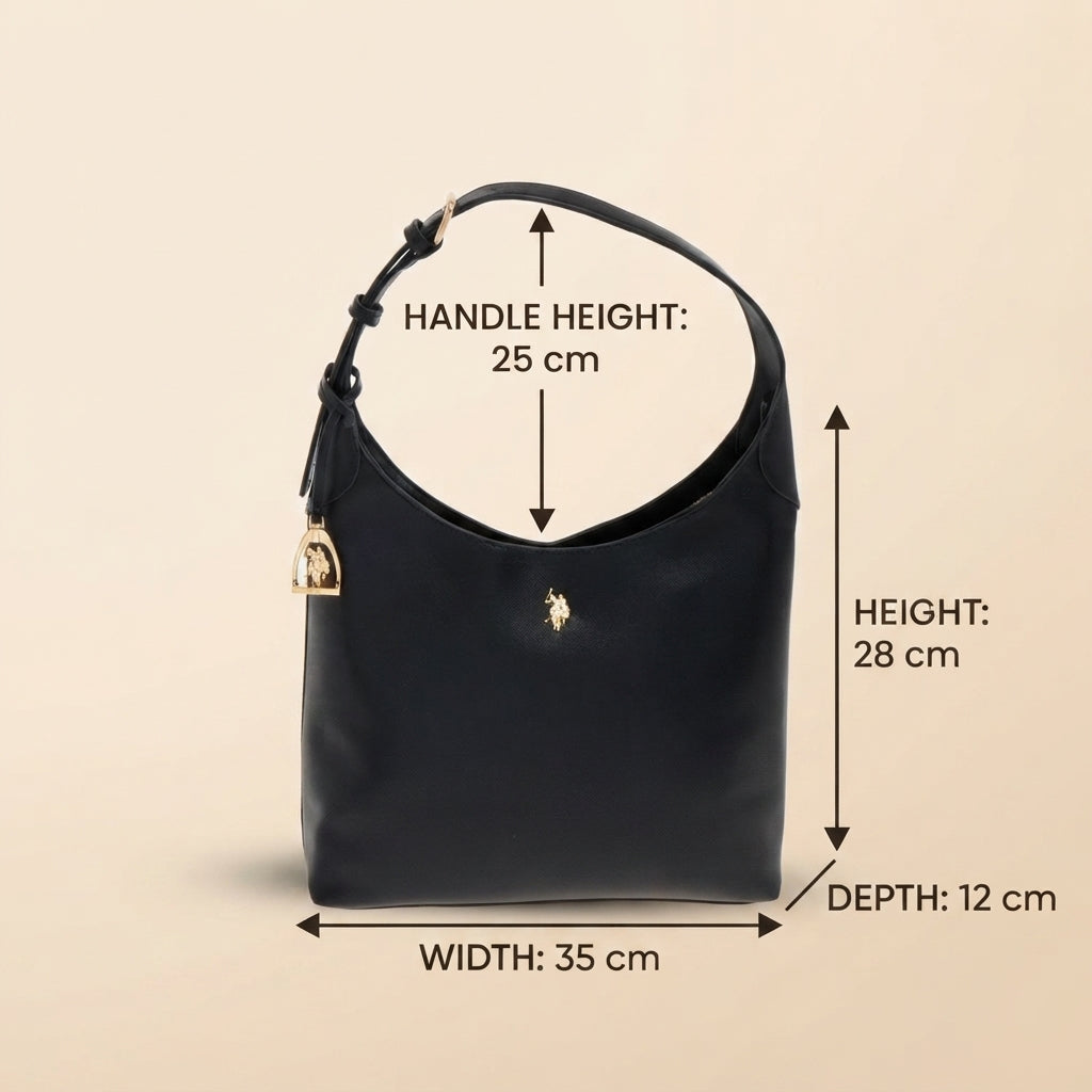 US Polo Assn Black Hobo Bag, Minimalist Shoulder Bag, Gold Accent