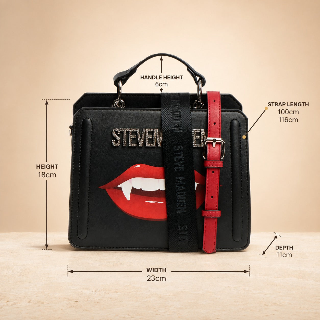 Steve Madden Black Lip Crossbody Bag, Vampire Lips, Sparkling Logo