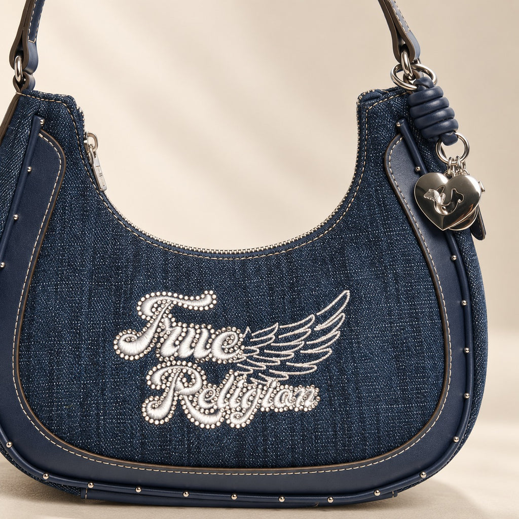 True Religion Blue Denim Shoulder Bag, Embroidered Logo, Chic Everyday Purse