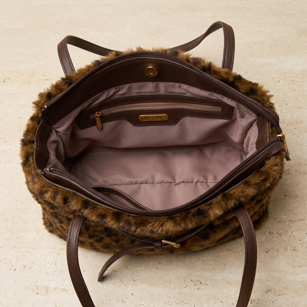 Bessie London Brown Faux Fur Shoulder Bag, Animal Print, Leopard, Everyday Bag