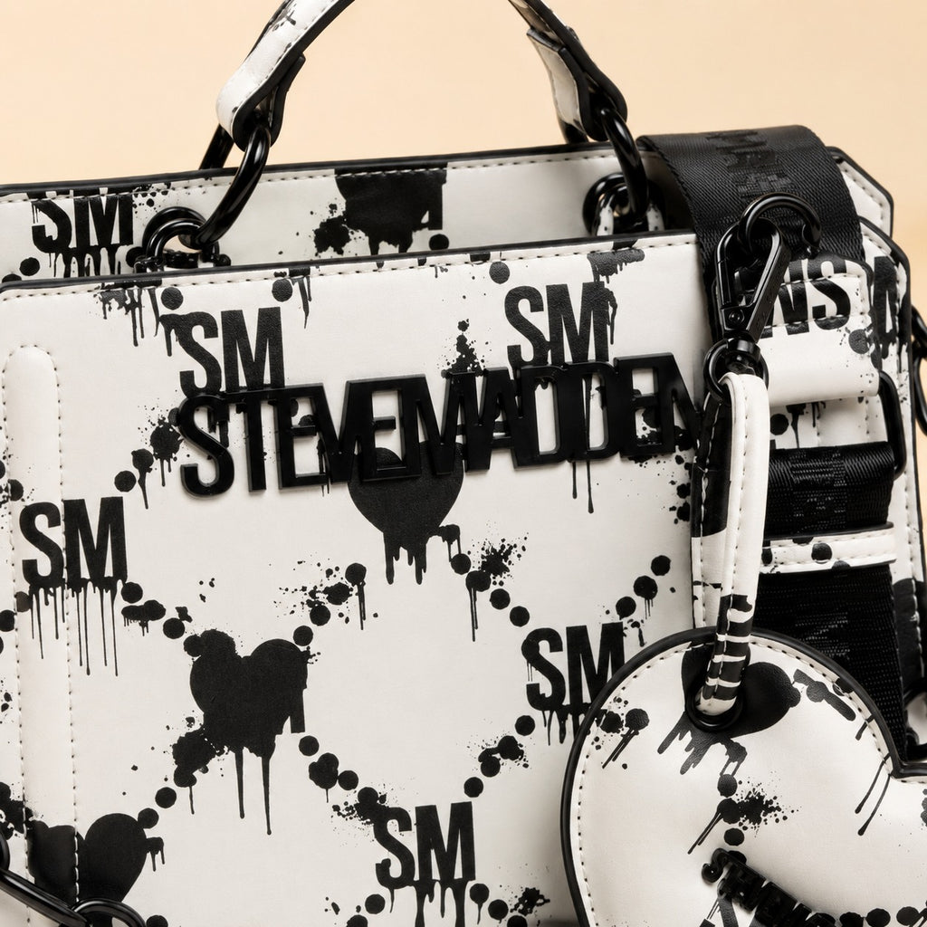 Steve Madden White Black Cross Body Bag, Drippy Heart, Statement Logo, Gift