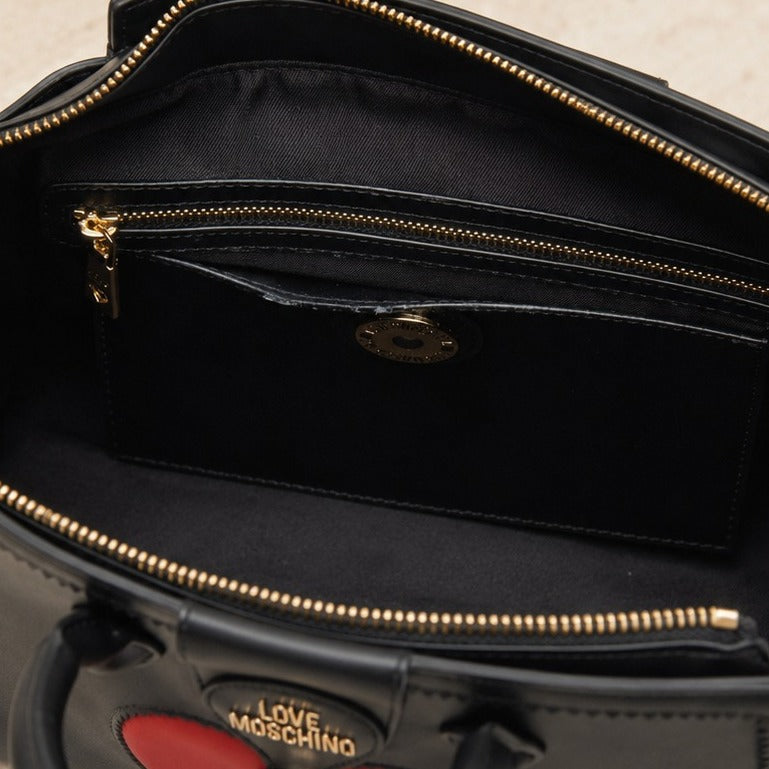 Love Moschino Black Satchel Bag, Red Heart Applique, Gold Hardware, Gift For Her