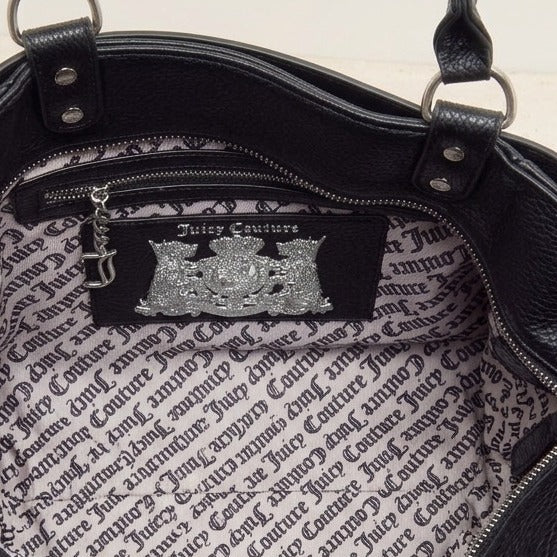 Juicy Couture Black Tote Bag, Satchel, Pebbled Texture, Silver Hardware