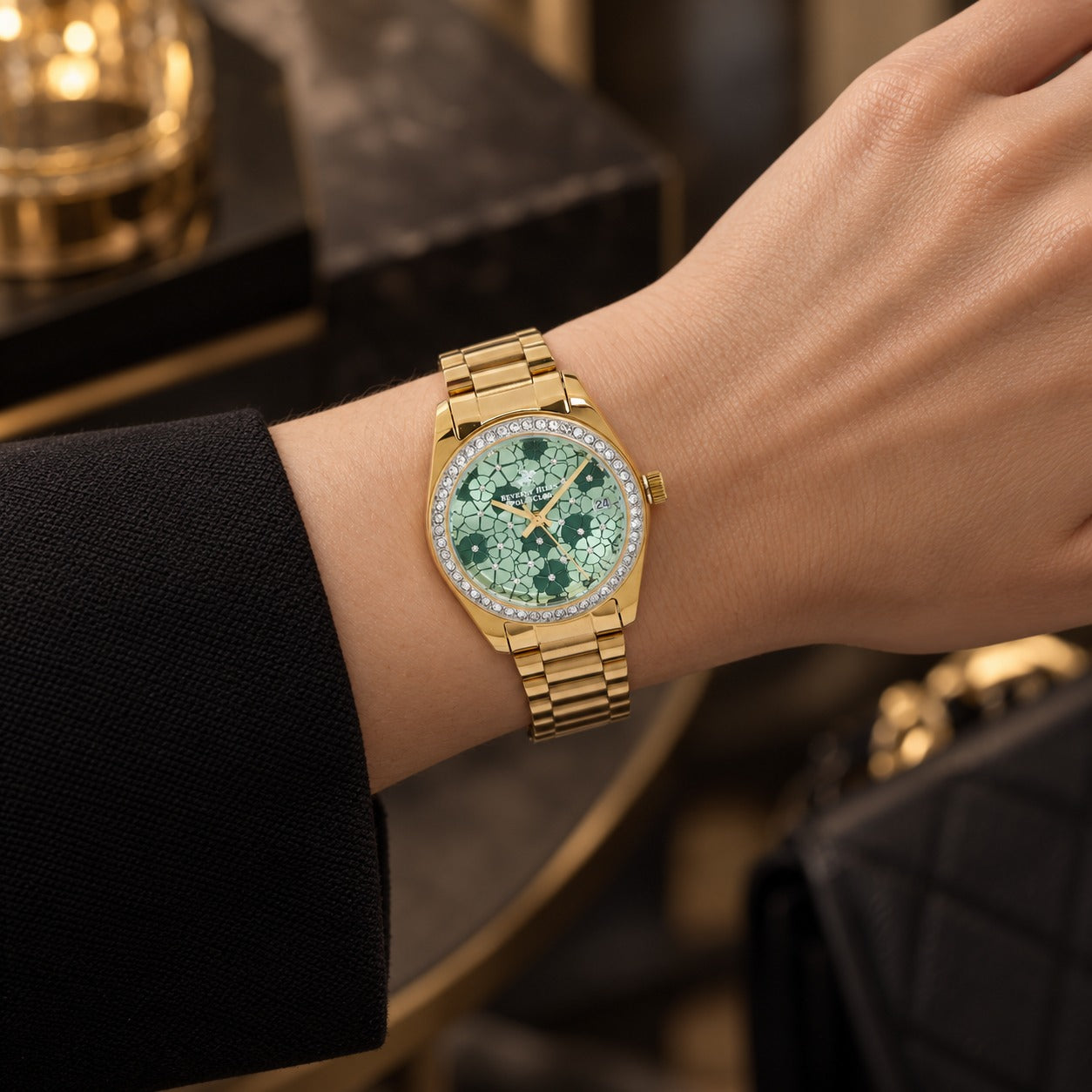 Beverly Hills Polo Club Gold Tone Watch, Green Floral Dial, Womens Gift
