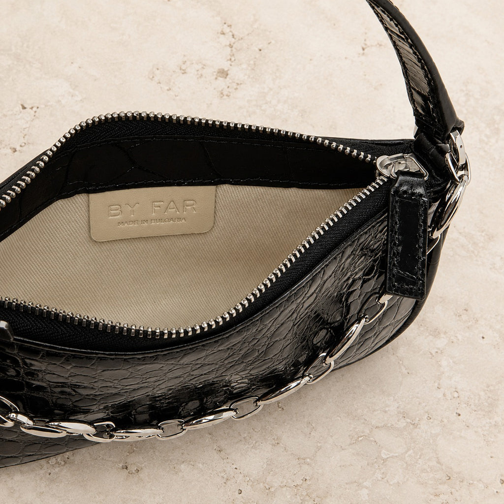 By Far Black Patent Croc Bag, Minimalist Shoulder Bag, Evening Bag, Gift for Her