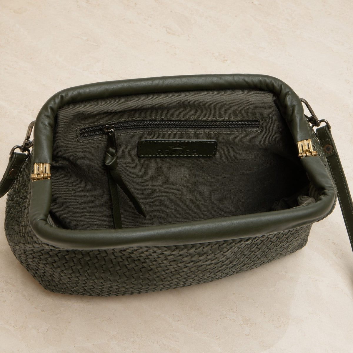 Rehard Dark Olive Green Woven Leather Bucket Bag, Crossbody, Everyday