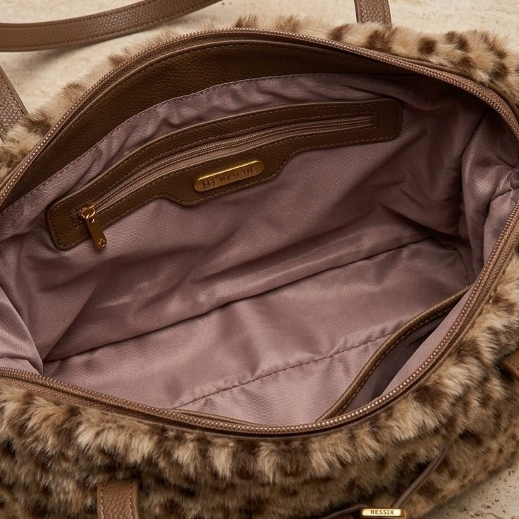 Bessie London Faux Fur Animal Print Shoulder Bag, Brown Leopard Aesthetic