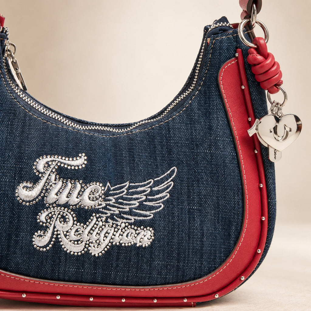 True Religion Blue Denim Hobo Bag, Red Leather Trim, Rhinestone Wing Charm