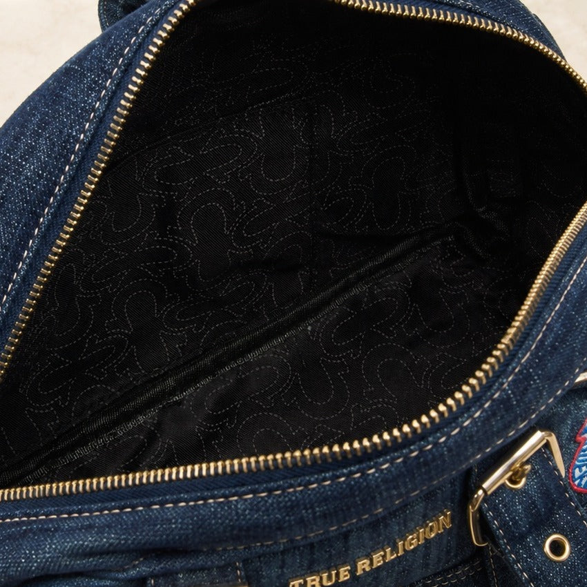 True Religion Blue Denim Shoulder Bag, Multi Patch Design, Everyday Denim Purse