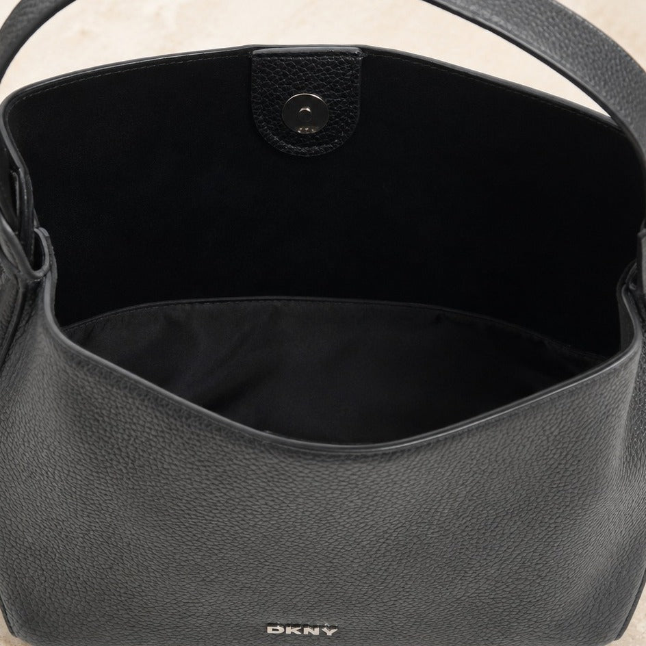 DKNY Black Crossbody Bag, Pebbled Faux Leather Hobo, Minimalist Everyday Purse