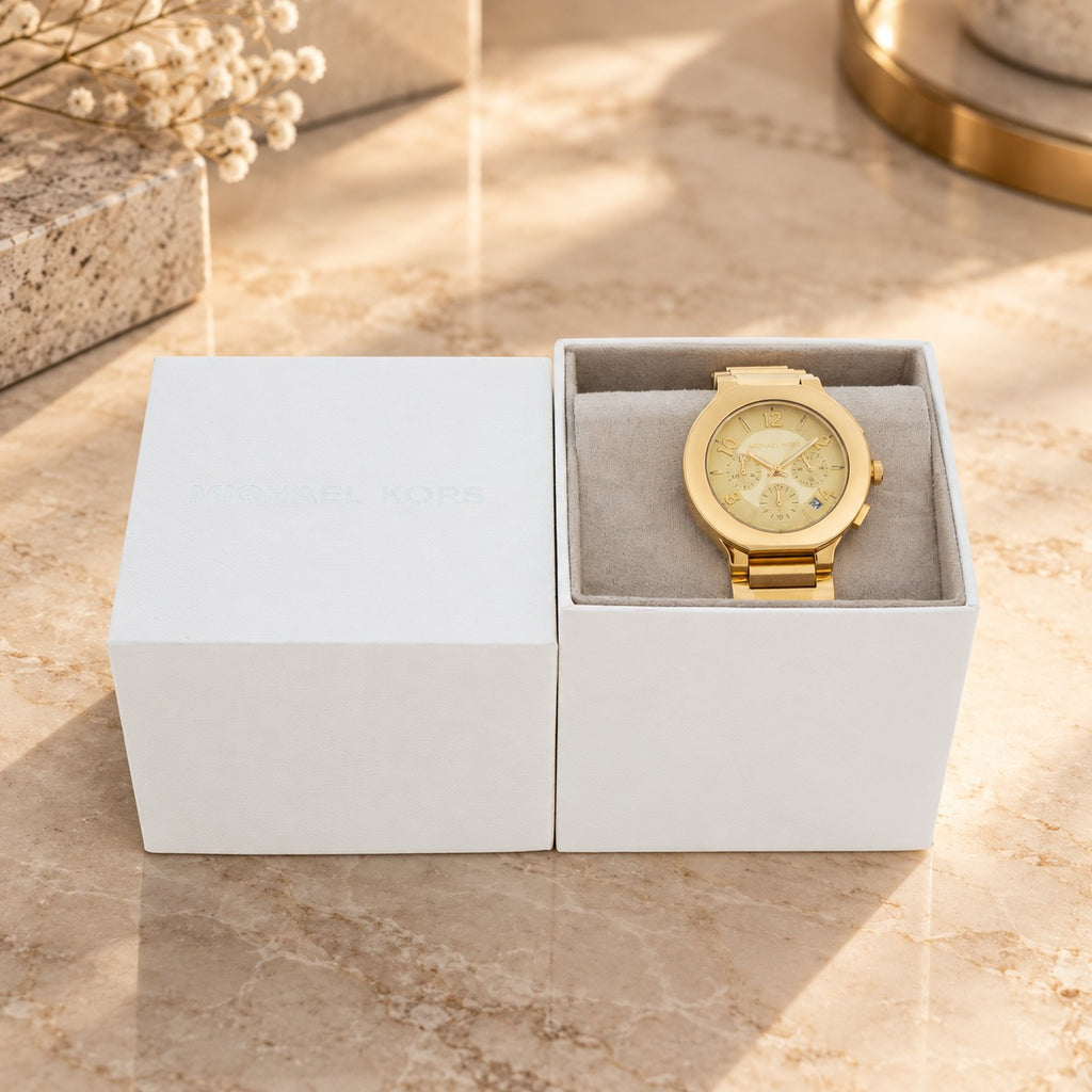 Michael Kors Gold Chronograph Watch, Luxury Womens Gift, Polished Link Bracelet