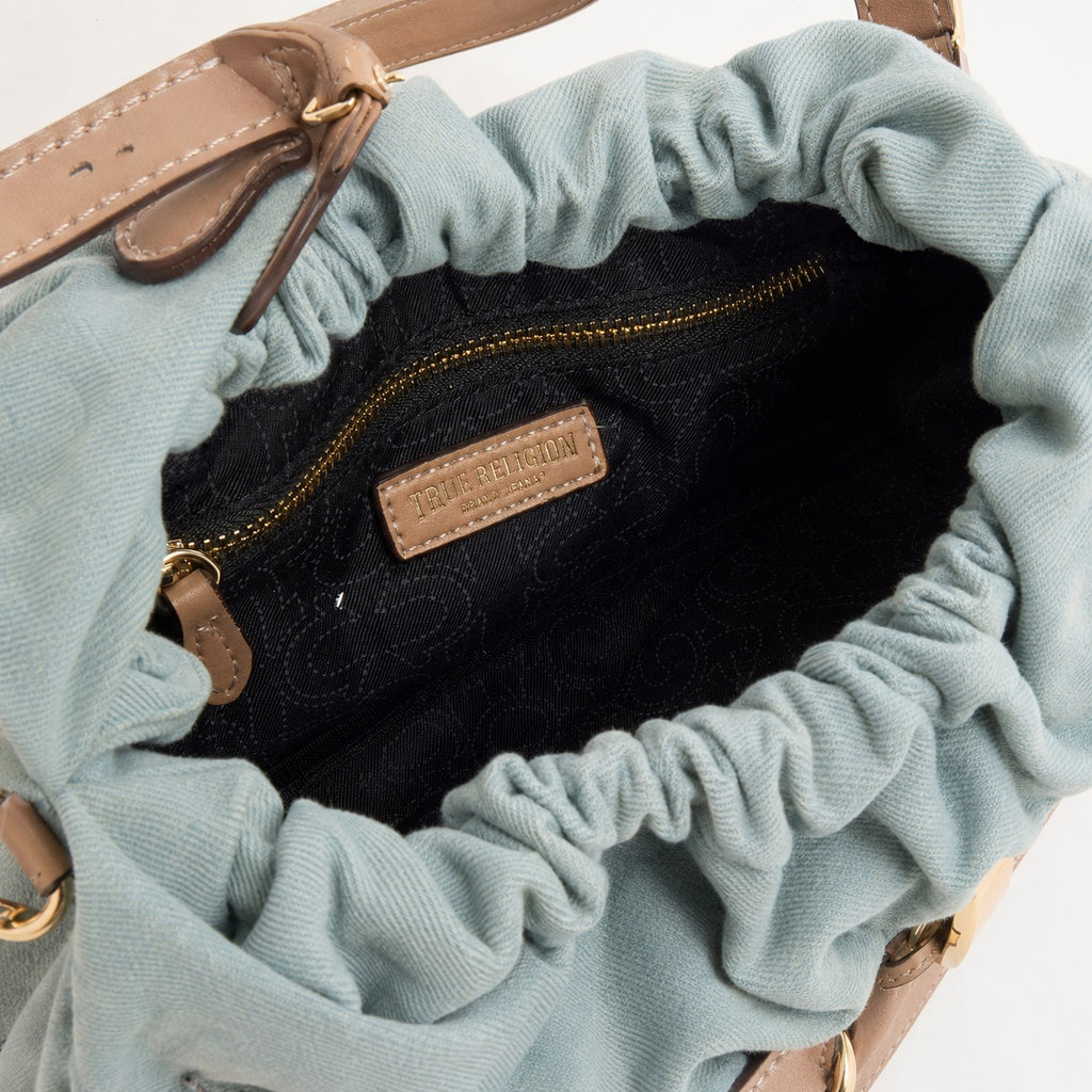 True Religion Light Blue Denim Hobo Bag, Shoulder Bag, Red Charm