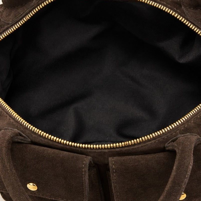 Marlon Brown Suede Satchel Bag, Two Pocket Crossbody, Gold Hardware