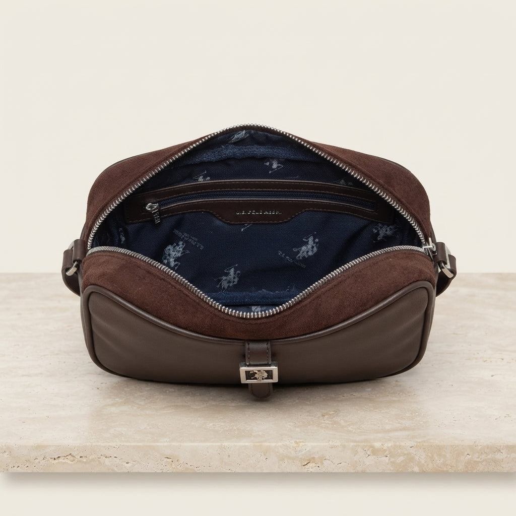 US Polo Assn Brown Crossbody Bag, Suede Leather, Everyday Shoulder Handbag