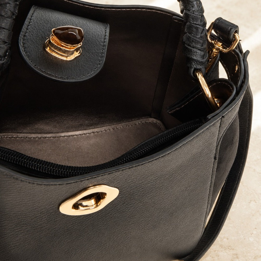 Luella Grey Black Bucket Bag, Gold Hardware, Everyday Work Handbag, Chic Gift