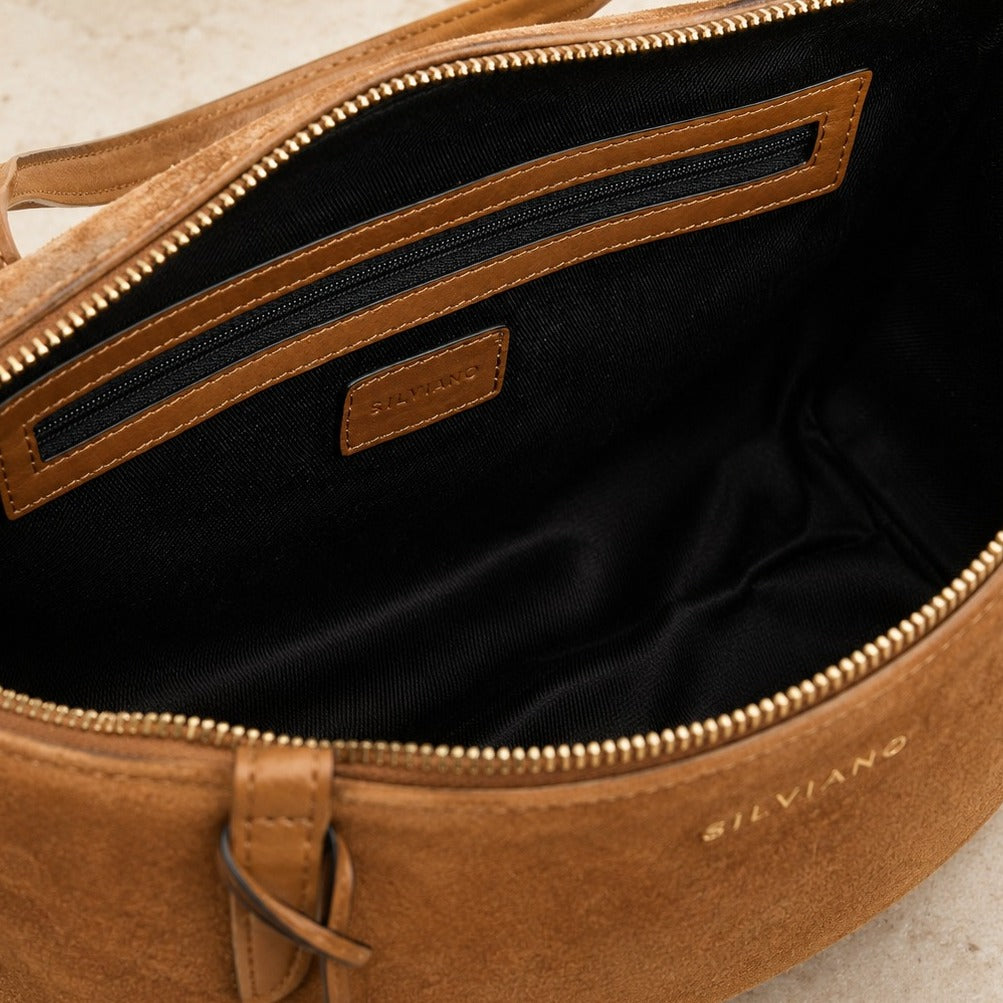 Silviano Tan Brown Suede Shoulder Bag, Gold Hardware, Everyday Tote, Gift for Her