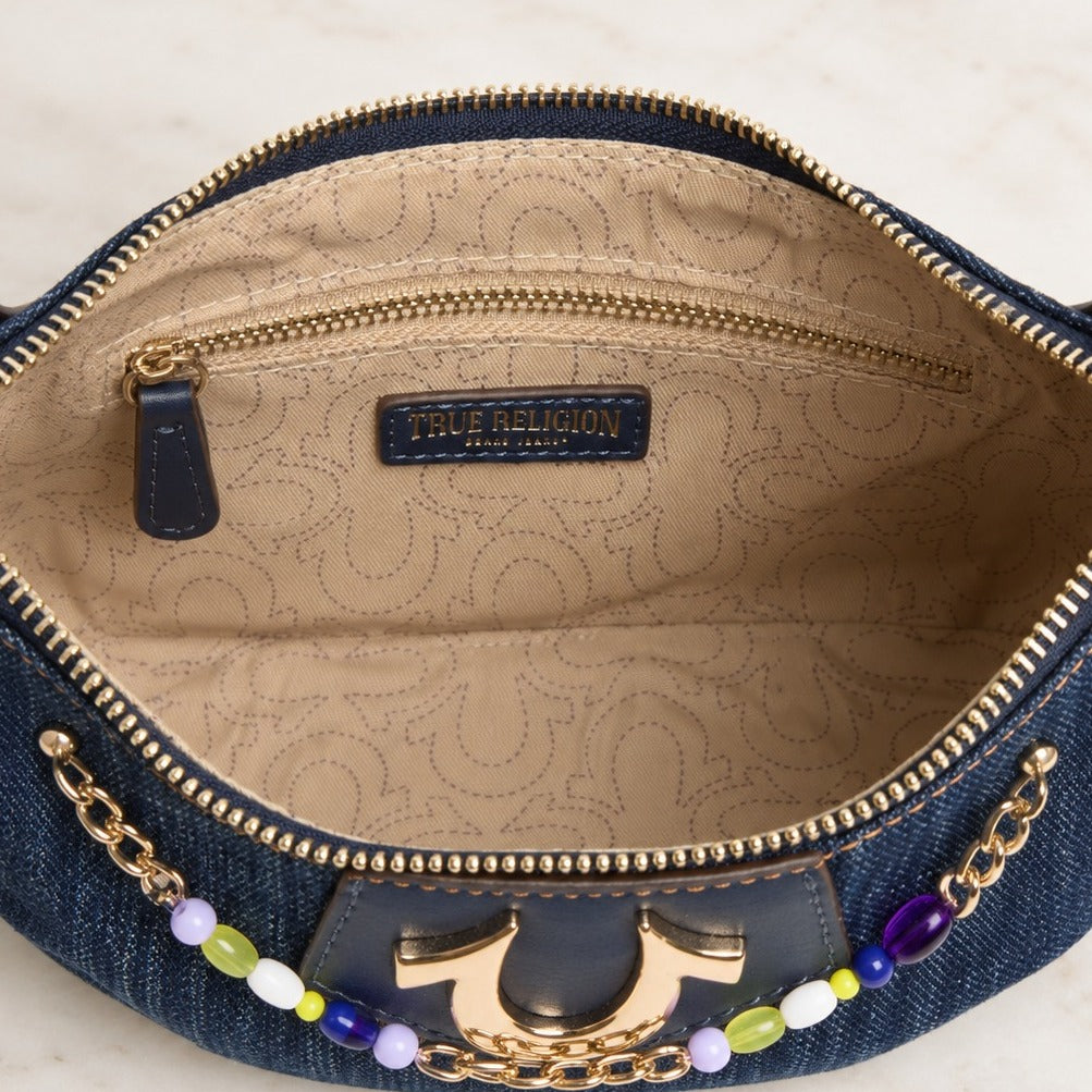 True Religion Blue Denim Shoulder Bag, Studded Hobo Purse, Gold Logo Aesthetic