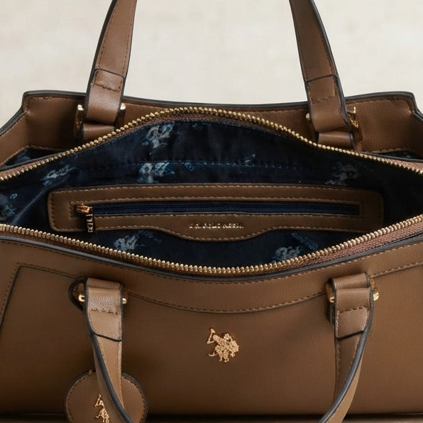 US Polo Assn Brown Tote Bag, Structured Shoulder Bag, Work Handbag, Chic