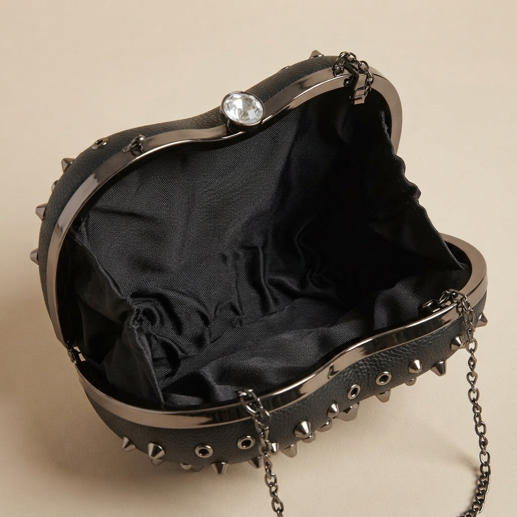 Bessie London Black Heart Grab Bag, Studded Hard-Shell Clutch, Gothic Gift