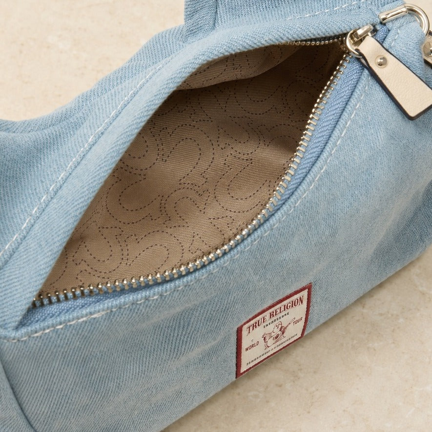 True Religion Light Blue Denim Hobo Bag, Knotted Handle, Aesthetic Handbag