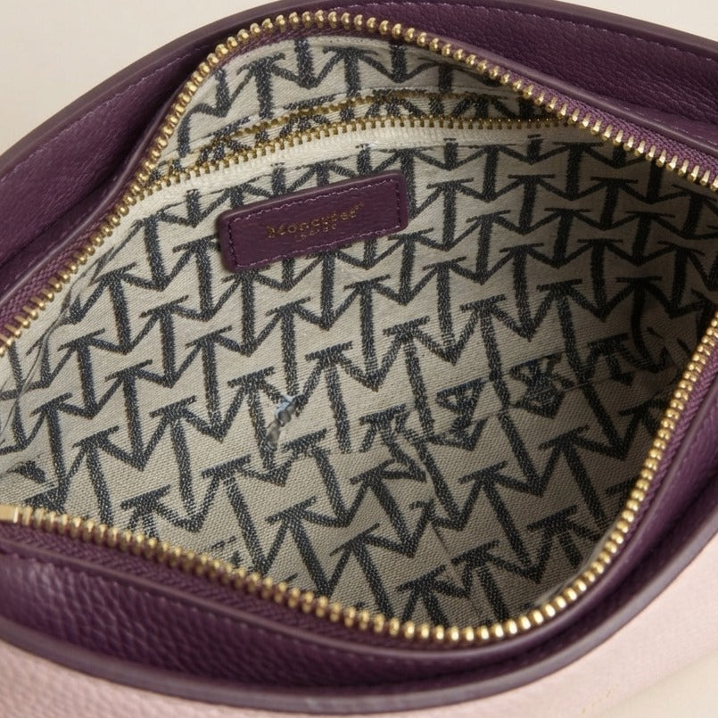 Moncrief Pink Plum Sarah Shoulder Bag, Leather Hobo, Gold Tag Charm