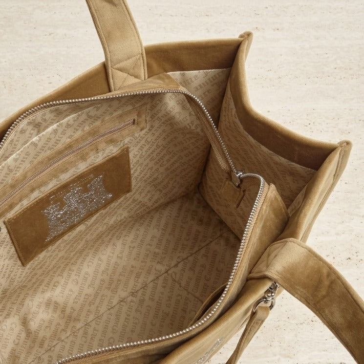 Juicy Couture Beige Shopping Tote Bag, Velour, Rhinestone Logo, Y2K Aesthetic