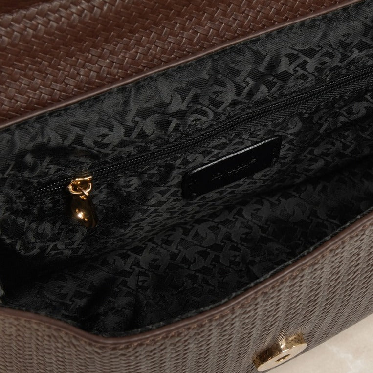 Dune Brown Weave Shoulder Bag, Dabin Style, Flap Top, Gold Hardware