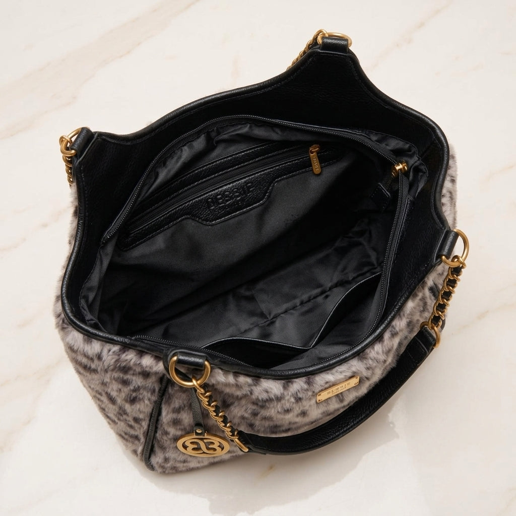 Bessie London Grey Shoulder Bag, Dalmatian Spot Faux Fur, Gold Hardware