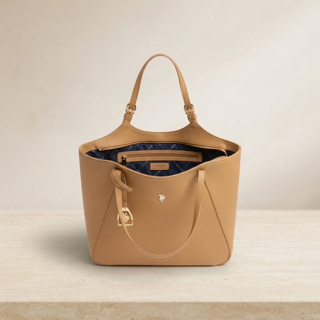 US Polo Assn Camel Tote Bag, Pebbled Faux Leather, Gold Hardware, Everyday Gift