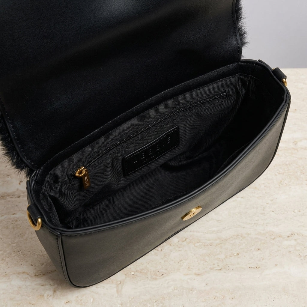 Bessie London Black Faux Fur Crossbody Bag, Flap Bag, Gold Hardware, Chic