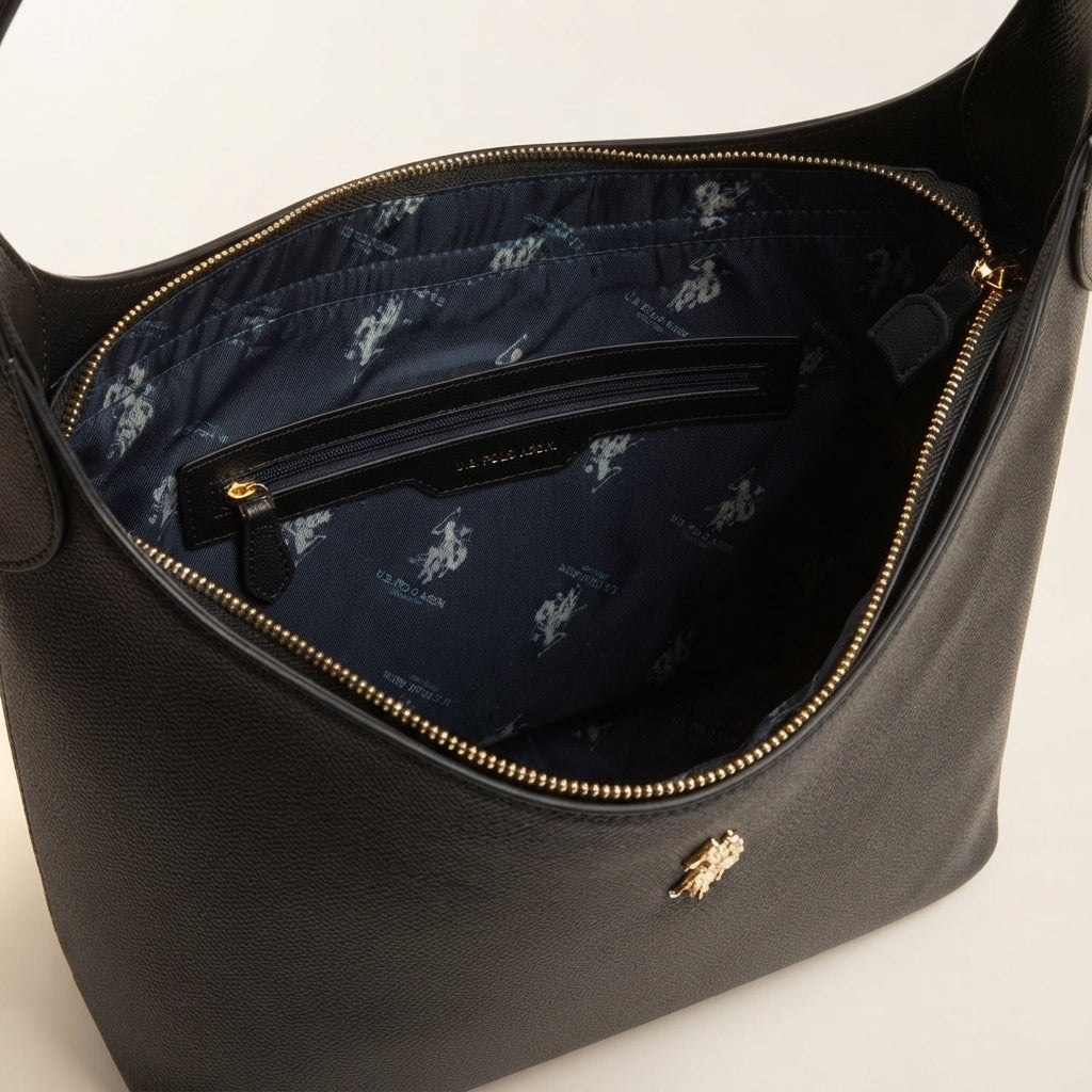 US Polo Assn Black Hobo Bag, Minimalist Shoulder Bag, Gold Accent