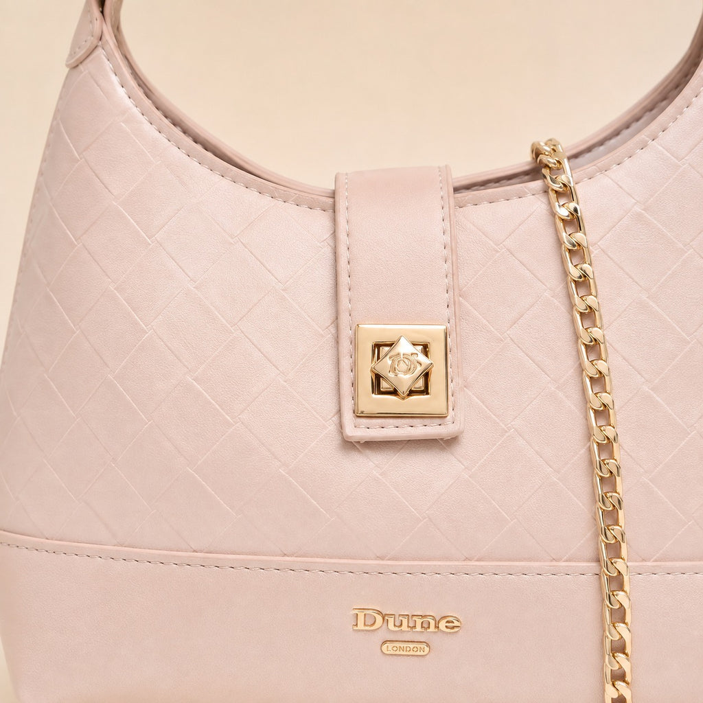 Dune London Pink Shoulder Bag, Diddydoey Woven Top Handle Bag, Gold Chain